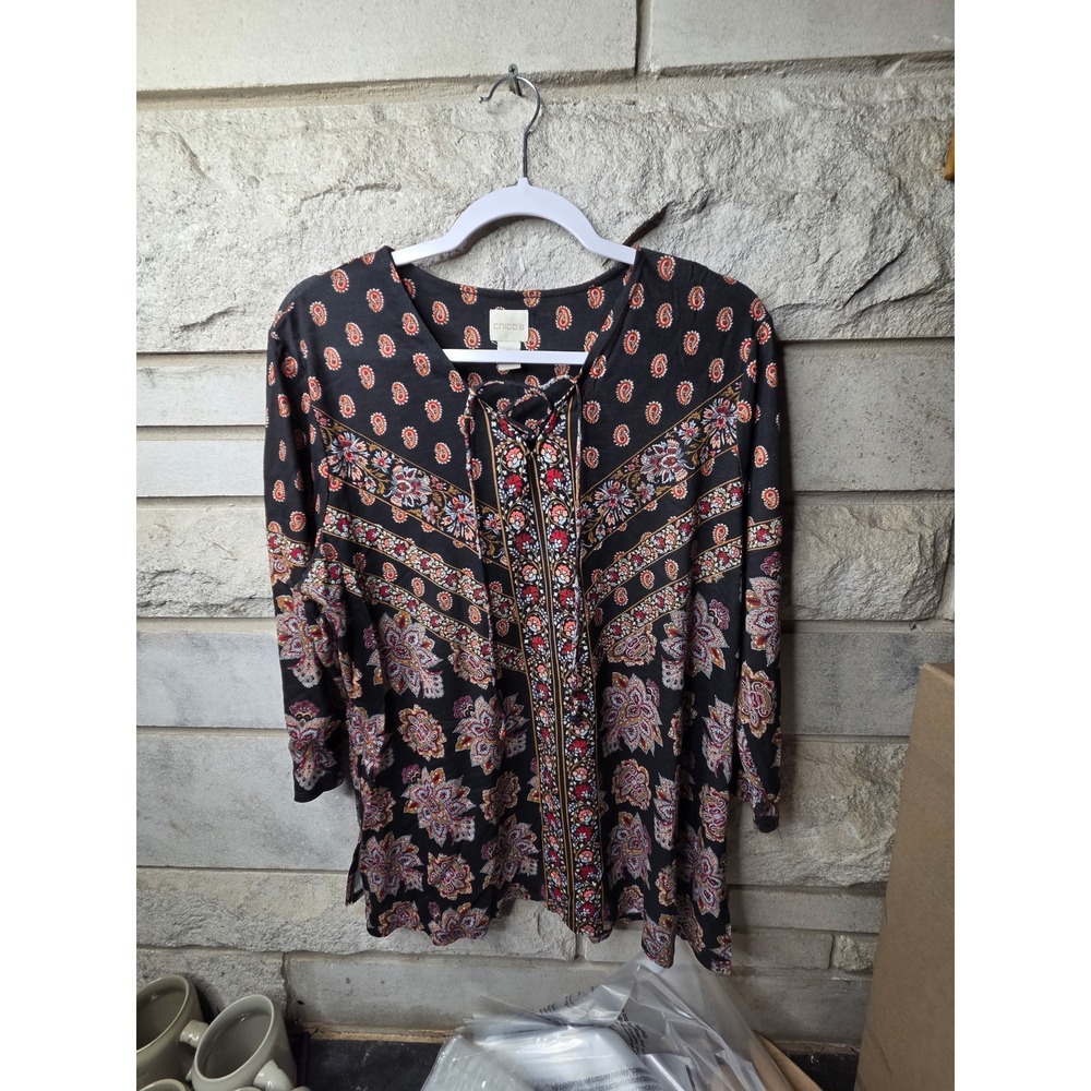 Chicos Paisley Floral Lace Up V-Neck Tunic Top Black Red Orange Size 2 L 0880